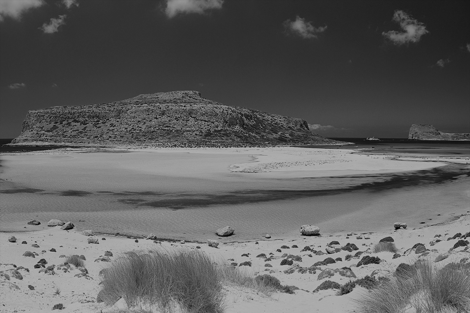 black and white image of Balos Beach