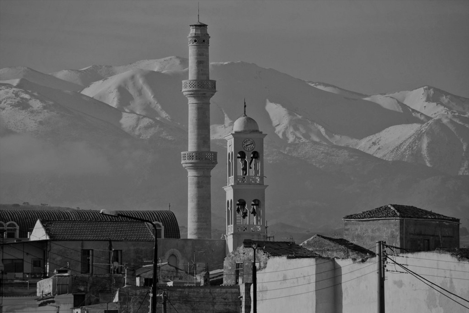 Black and white view of Minaret from a distance