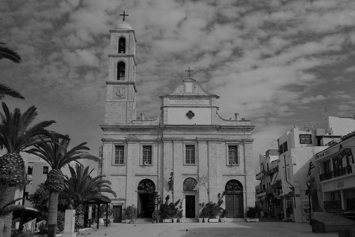 Black and white outside view of Mitropoli Church